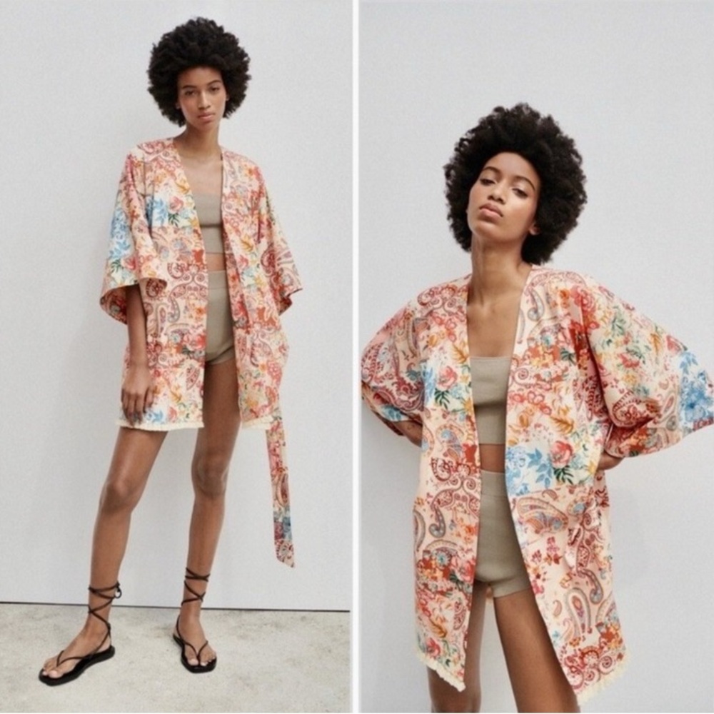 NWT New Zara Printed Kimono Multicolor Cream Floral Size M-L, Dress, Top, Robe - Picture 2 of 13